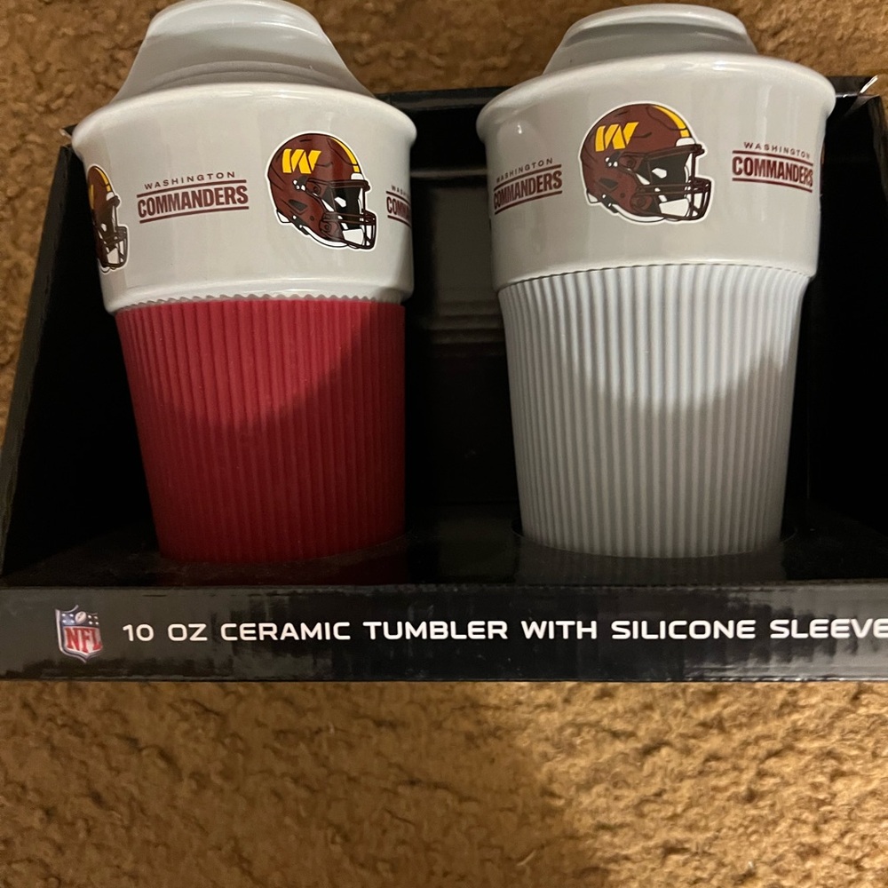 NFL Washington Commanders Ceramic Tumblers with Red and Gray Sleeves. New in box